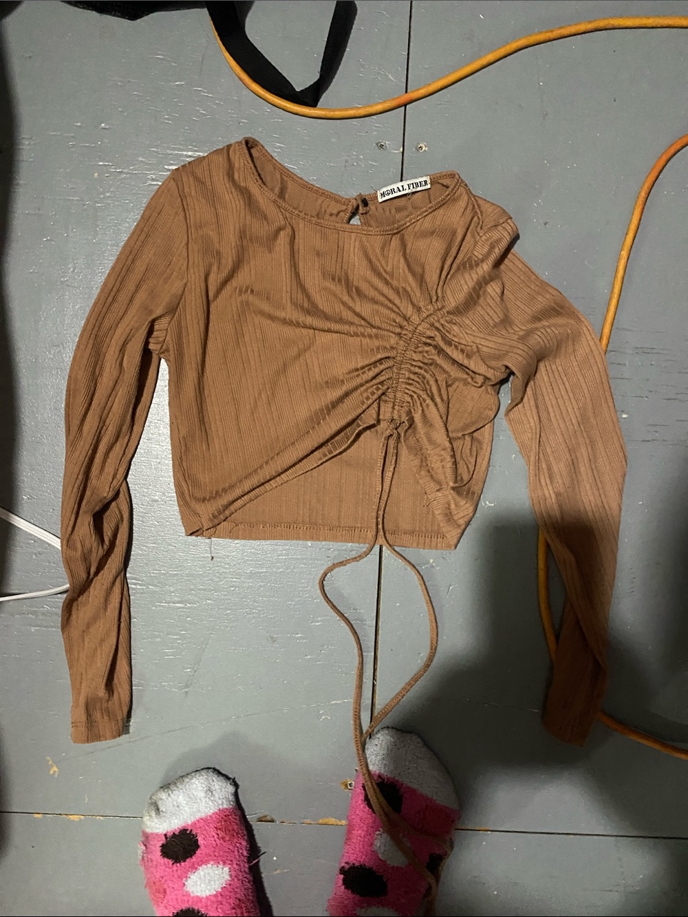 Neutral Brown Ruched Long-Sleeve Crop Top